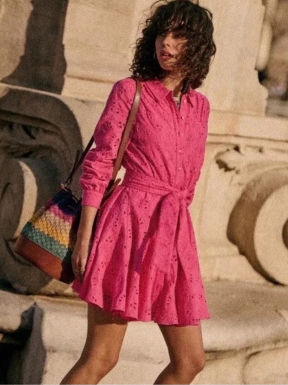 Sezane Hot Pink Eyelet Shirt Mini Dress